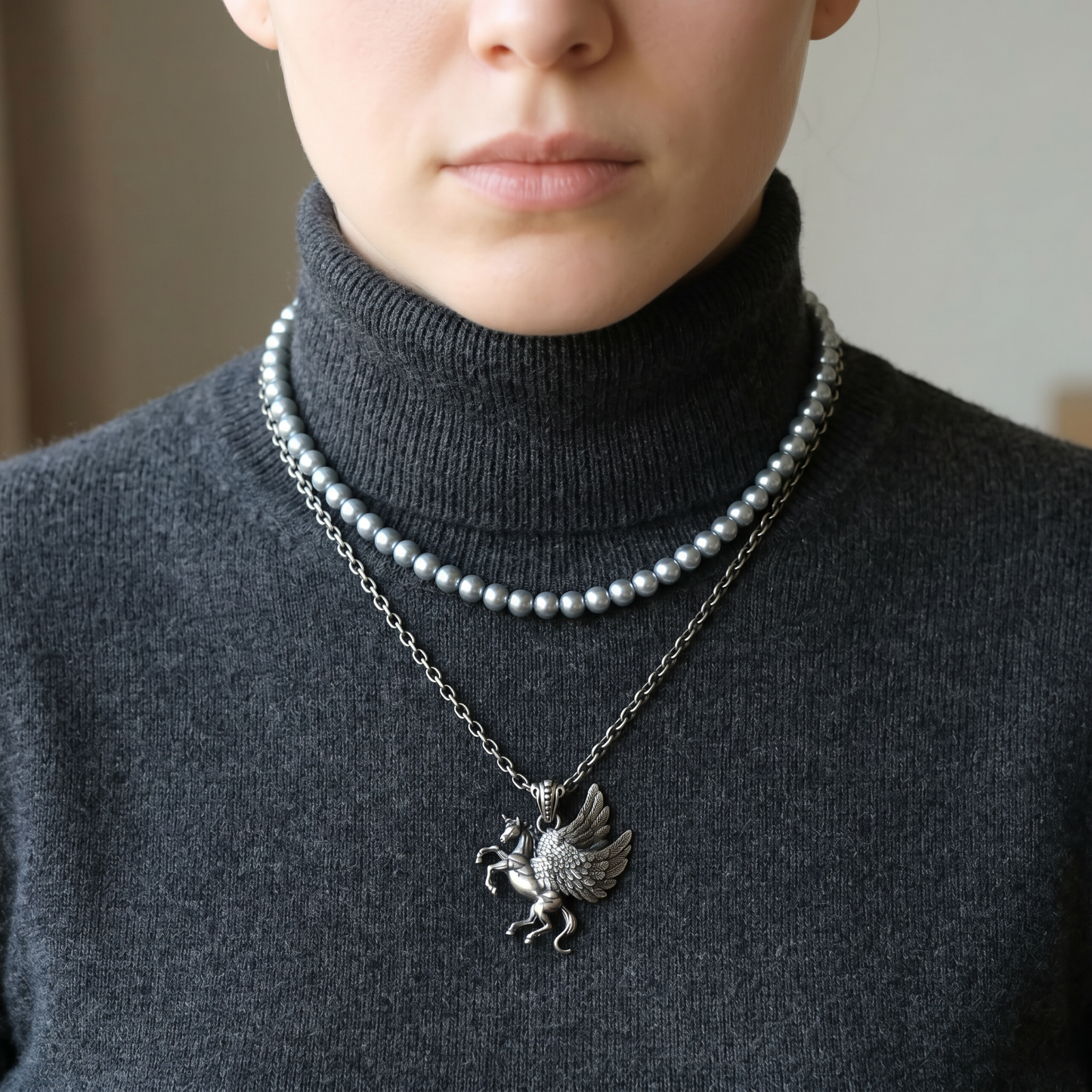 s925 Sterling Silver Vintage Double Side Flying Wing Unicorn Horse Pendant Necklace