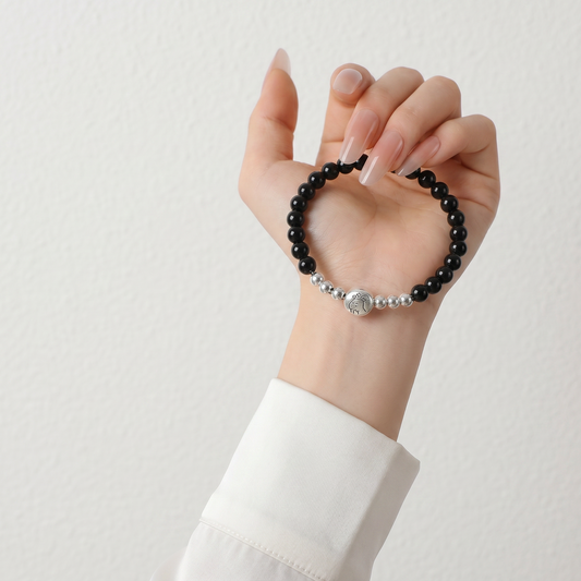 999 Fine Sterling Silver Natural Obsidian Beaded Chinese Zodiac Sheep Charm Braided Bracelet
