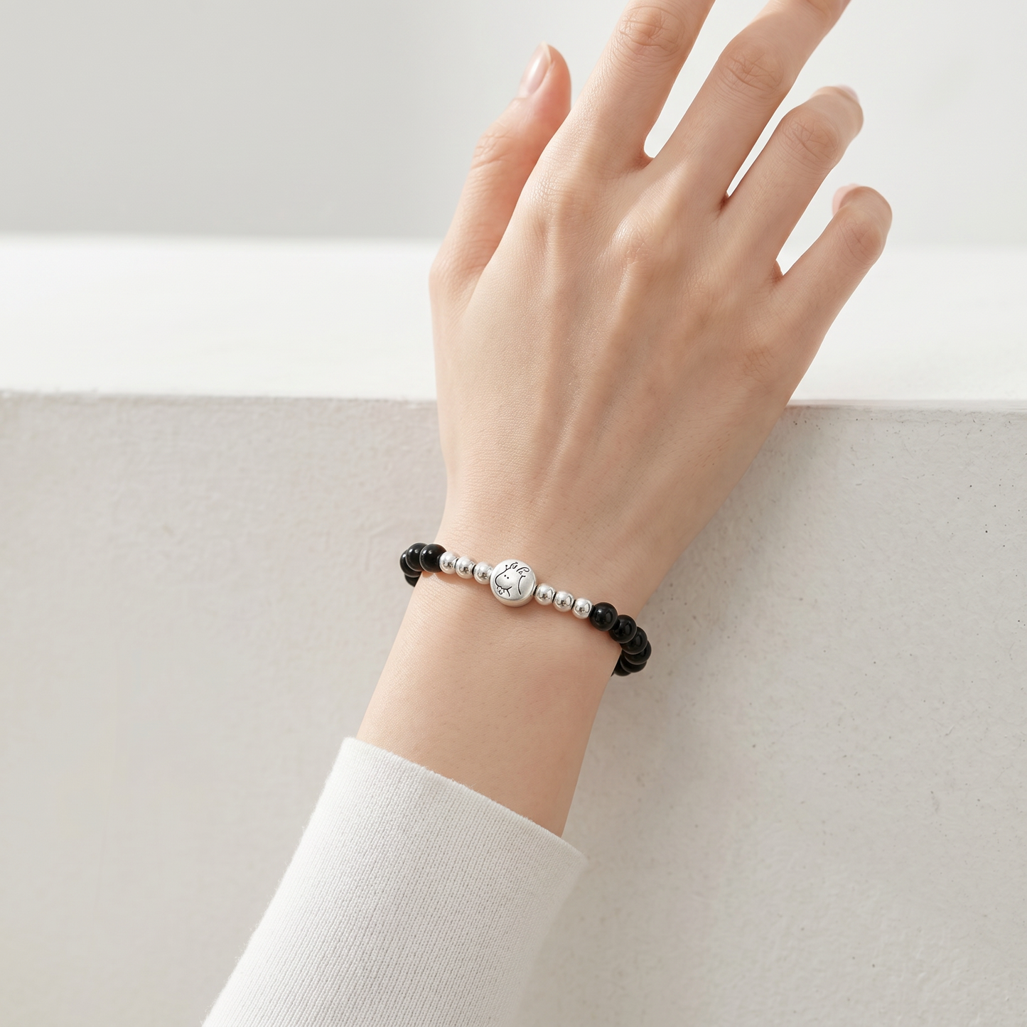 999 Fine Sterling Silver Natural Obsidian Beaded Chinese Zodiac Sheep Charm Braided Bracelet