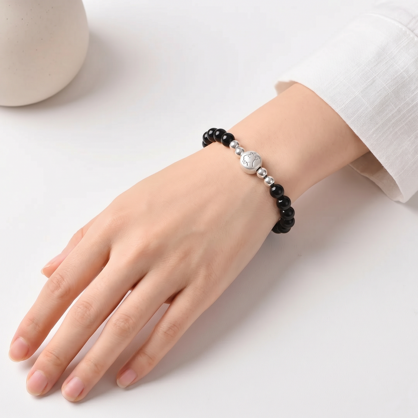 999 Fine Sterling Silver Natural Obsidian Beaded Chinese Zodiac Sheep Charm Braided Bracelet