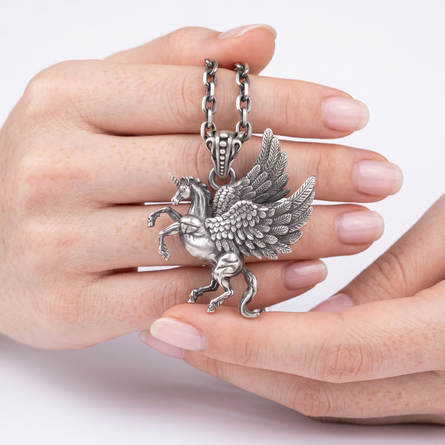 s925 Sterling Silver Vintage Double Side Flying Wing Unicorn Horse Pendant Necklace