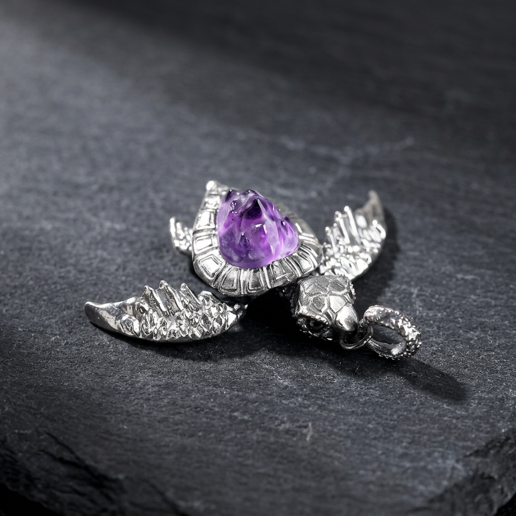 s925 Sterling Silver Purple Amethyst Turtle Open Band Ring and Pendant