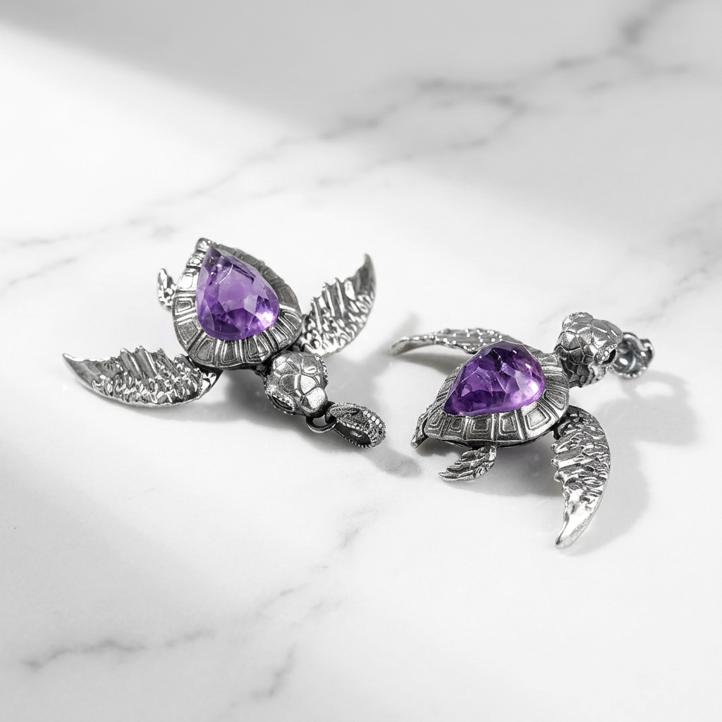 s925 Sterling Silver Purple Amethyst Turtle Open Band Ring and Pendant
