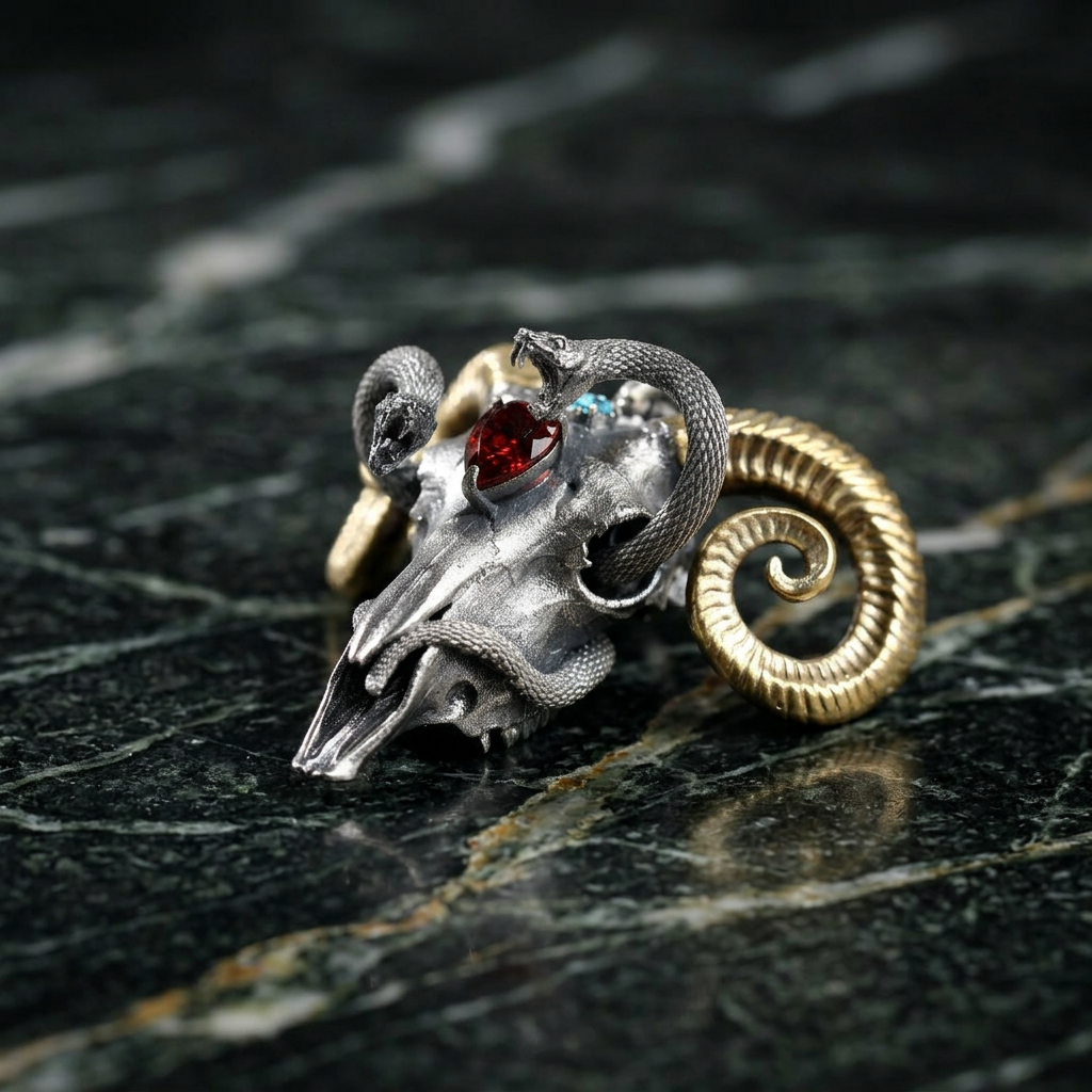 s925 Sterling Silver Skull Ram Sheep Snake Design Pendant Necklace