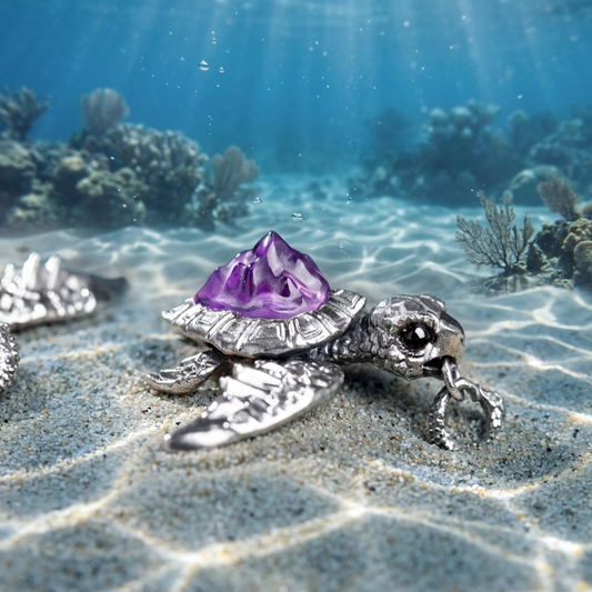 s925 Sterling Silver Purple Amethyst Turtle Open Band Ring and Pendant