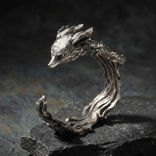 s925 Sterling Silver Vintage Mythical Nine Tail Fox Cuff Unisex Bangle