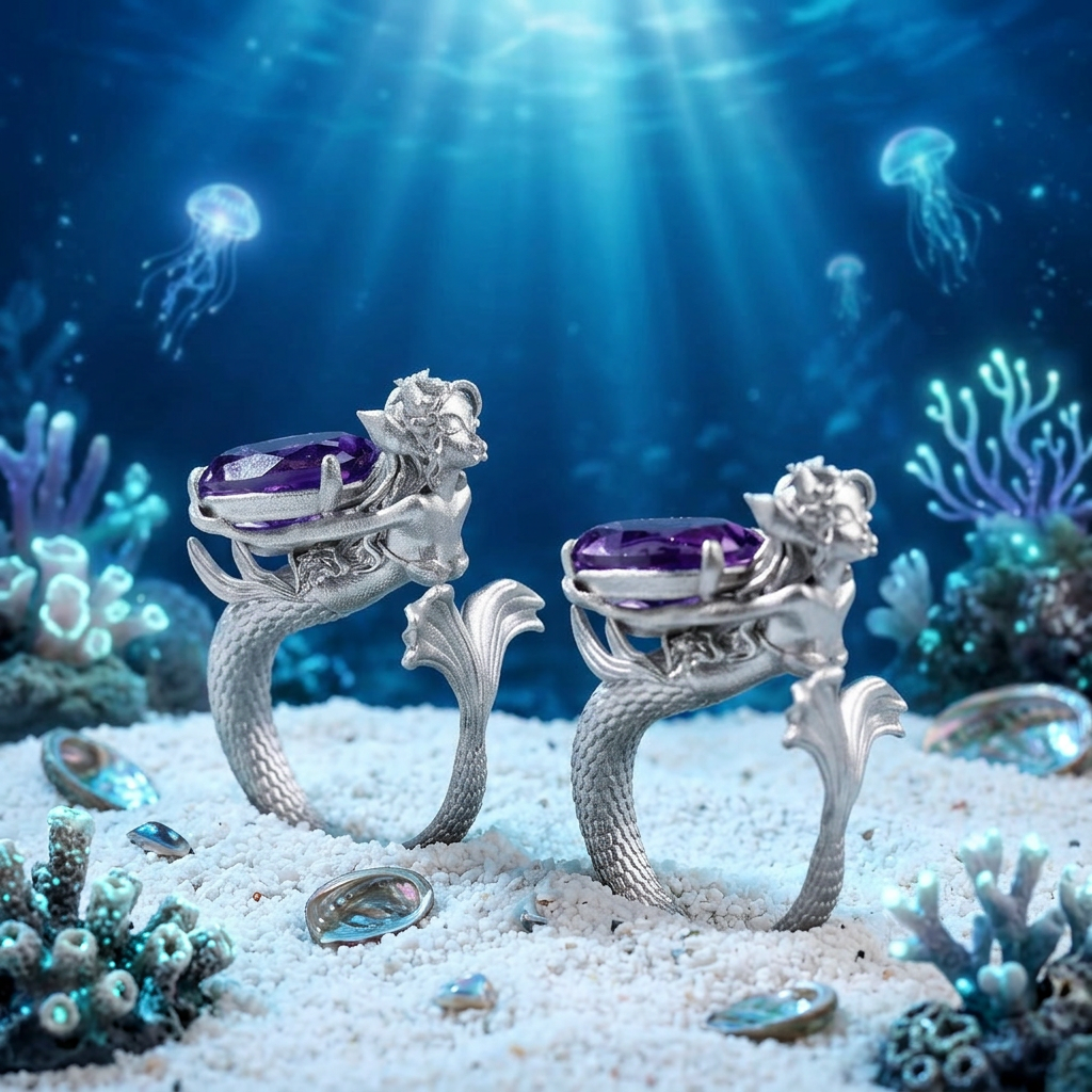 s925 Sterling Silver Amethyst Mermaid Fairy Ring