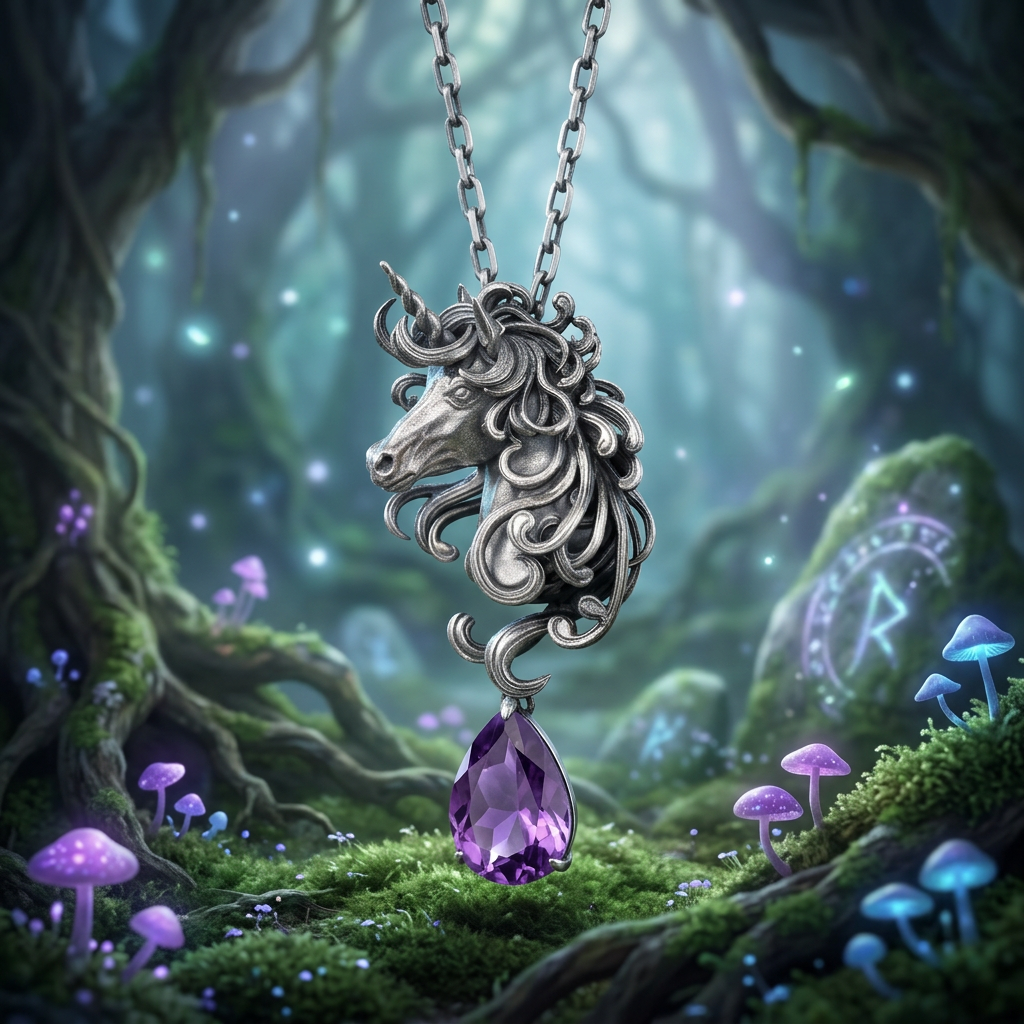 s925 Sterling Silver Vintage Amethyst Purple Unicorn Pendant