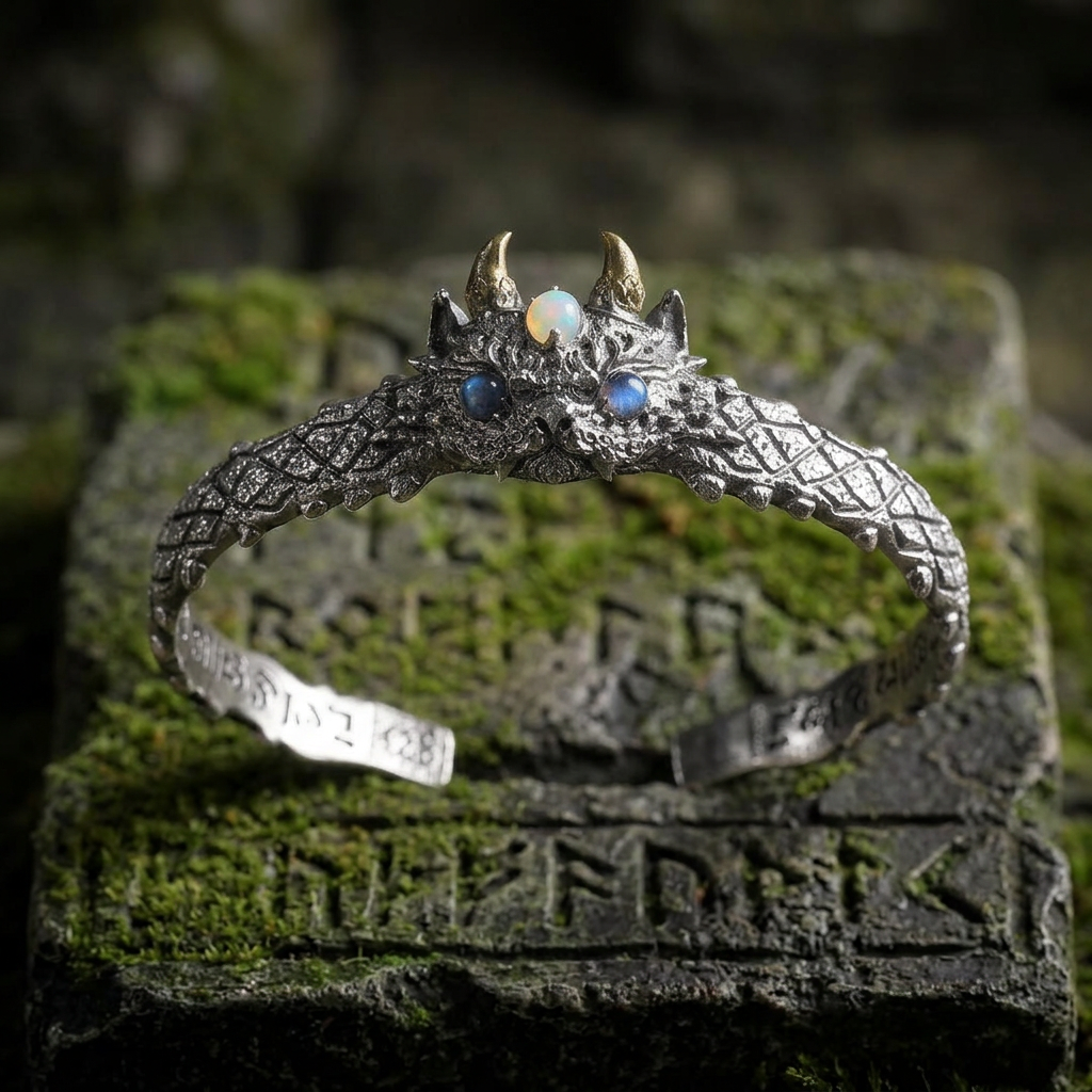 s925 Sterling Silver Vintage Mythical Beast Open-ended Opal Cuff Bangle Bracelet