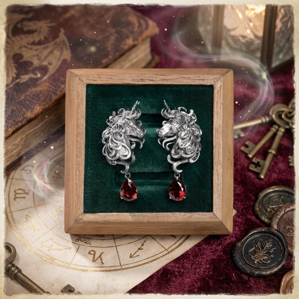 s925 Sterling Silver Vintage Style Unicorn Garnet Drop Stud Earrings