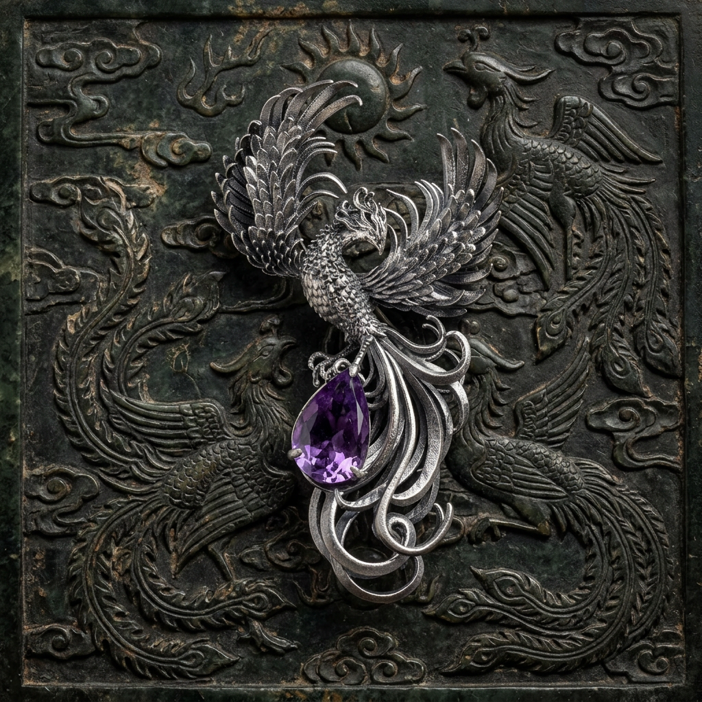 s925 Sterling Silver Vintage Purple Amethyst Phoenix Pendant Rebirth
