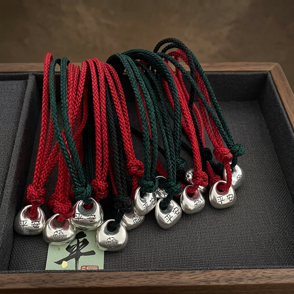 999 Fine Solid Silver Safety and Peace Chinese Lock Charm Weaving Cord Bracelet