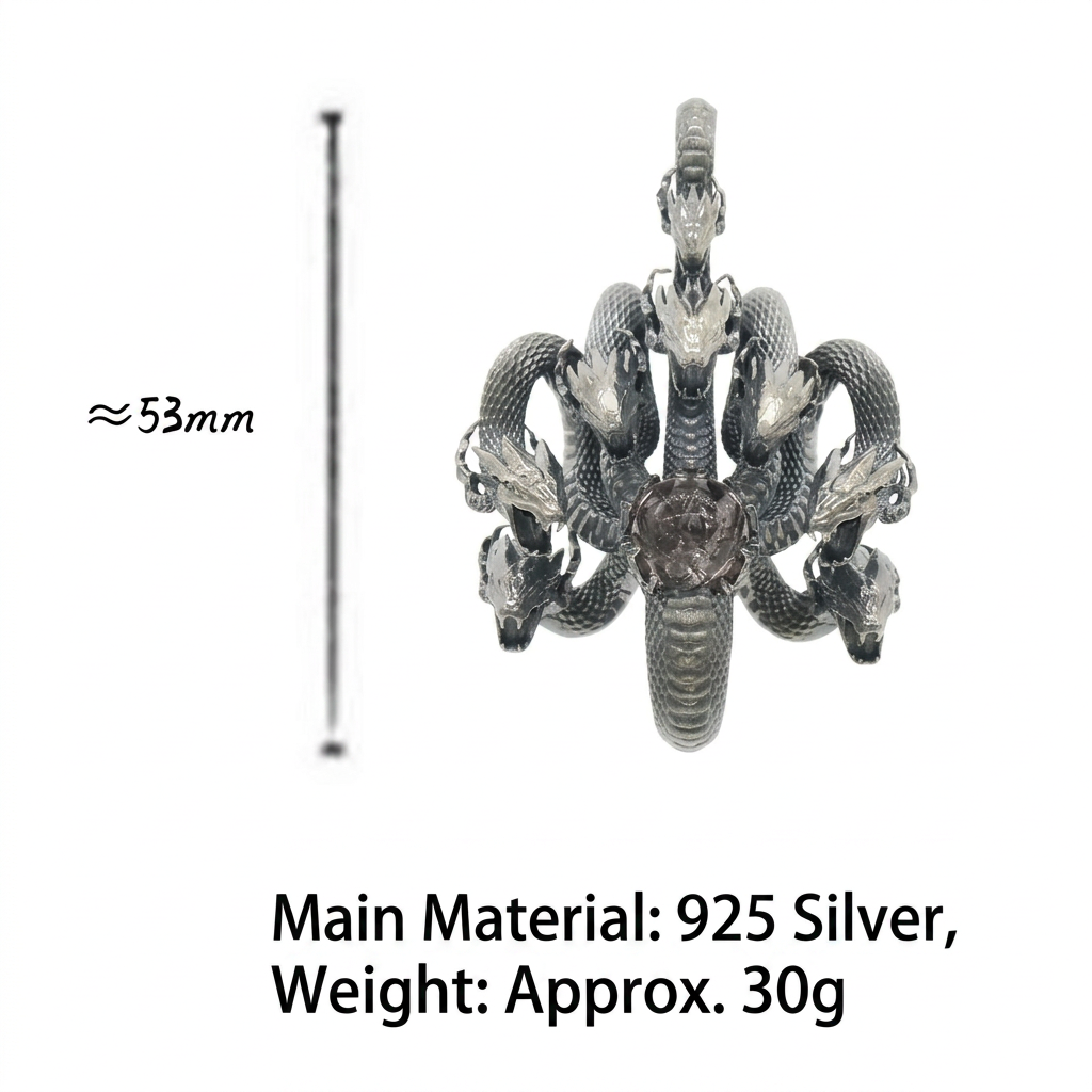 s925 Sterling Silver Crystal Yamata no Orochi Eight Headed Serpent Giant Snake Pendant