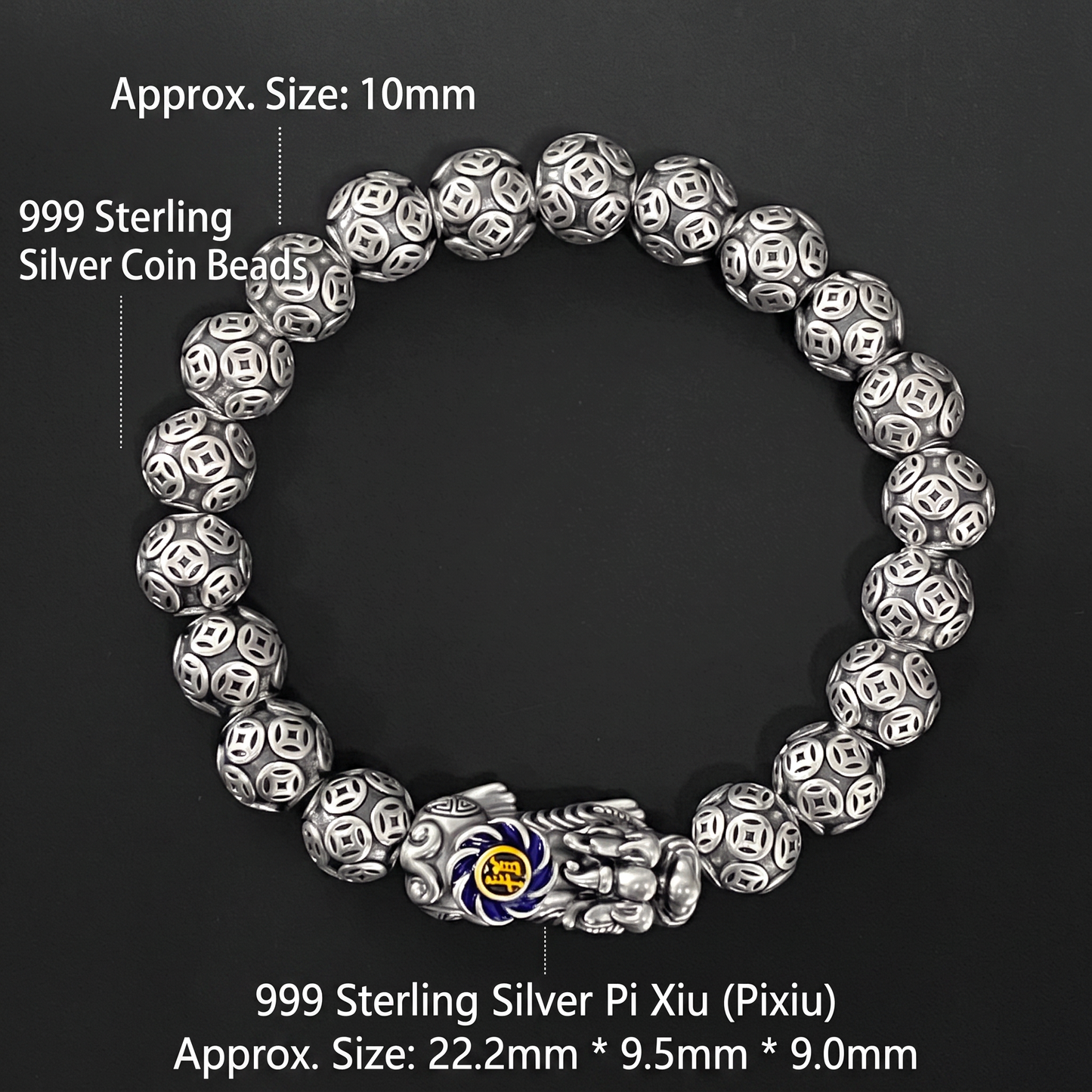 999 Fine Silver Pixiu Wealth Coin Feng Shui Charm Beads Bracelet Unisex Men and Women