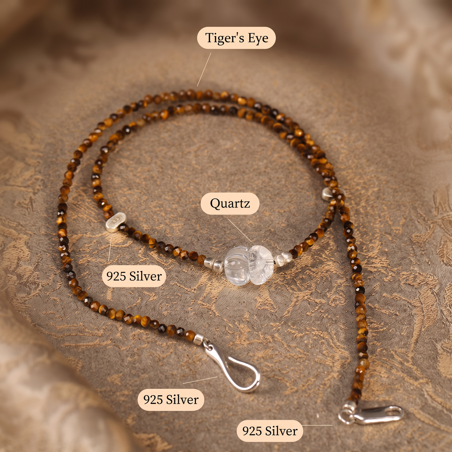 s925 Sterling Silver Natural Clear Quartz Tiger's Eye Choker Necklace