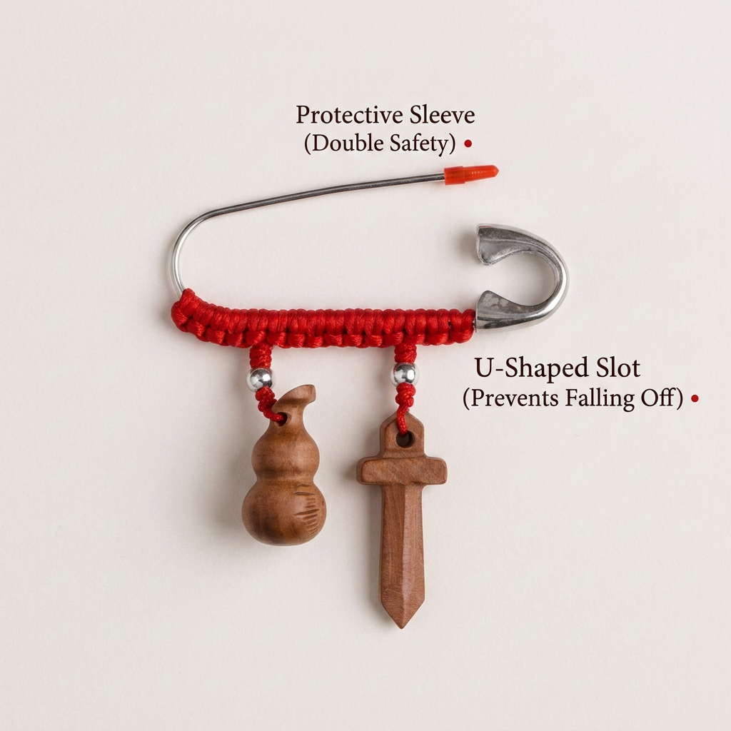 s925 Sterling Silver Baby Infant Safety String Brooch Pin Natural Peach Wood Charms