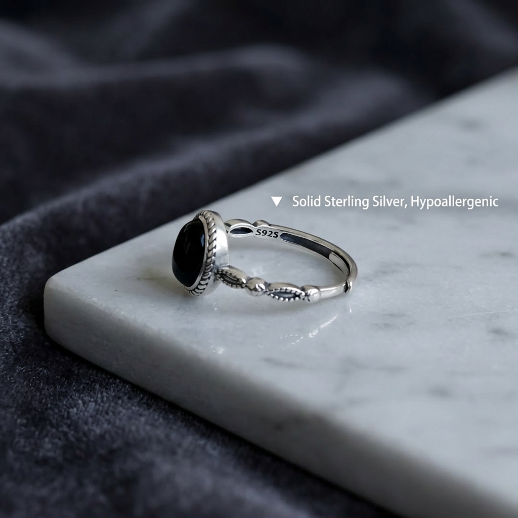 s925 Sterling Silver Black Agate Vintage Oval Minimal Gemstone Ring