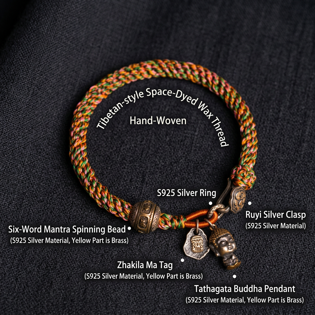 Handwoven Tibetan Style Zaki Lhamo s925 Sterling Silver Mantra Beads Ruyi Charm Bracelet