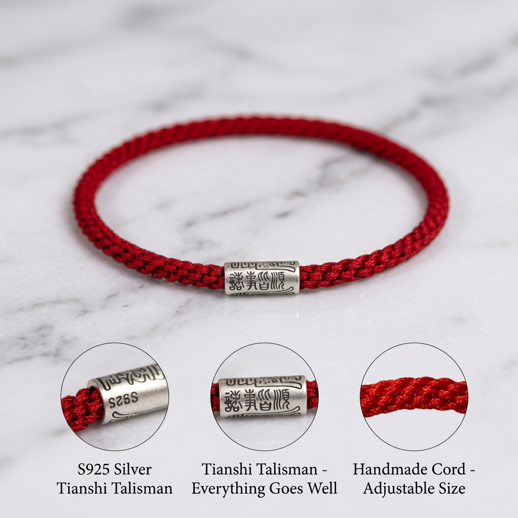 s925 Sterling Silver Taoist Talisman Charm Handwoven Unisex Red String Bangle Bracelet